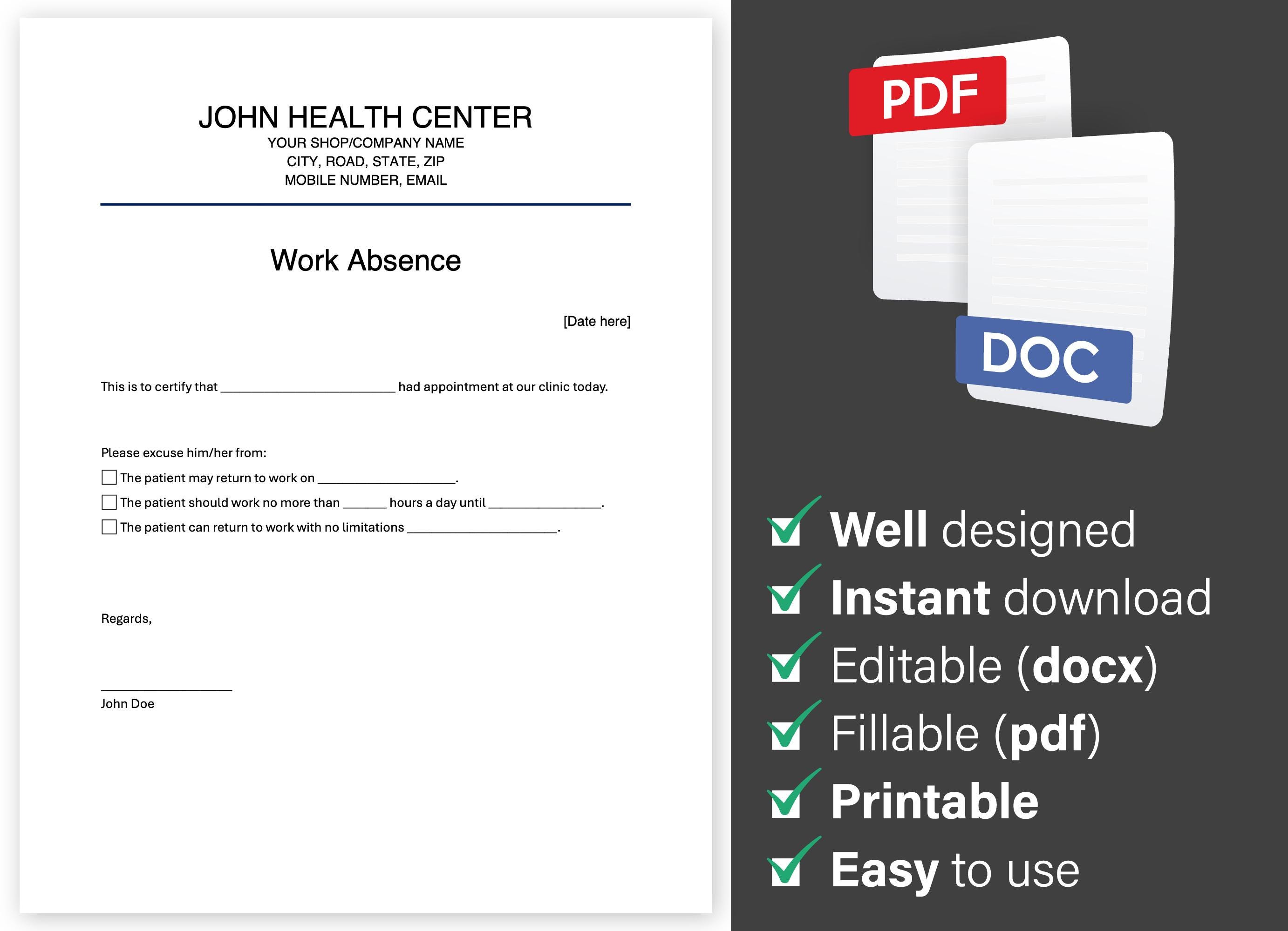 Work Absence Editable, Fillable Doctor Excuse Note, Fillable Doctor ...