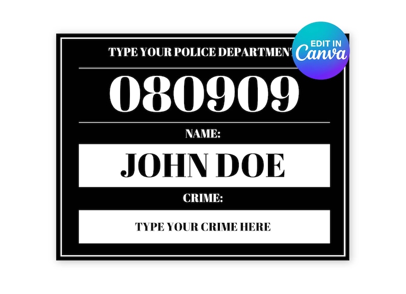 Mugshot Sign Board Editable, Mug shot, Police Party, Canva Template, Canva Digital Template, A4 & US Letter Size, Instant Access