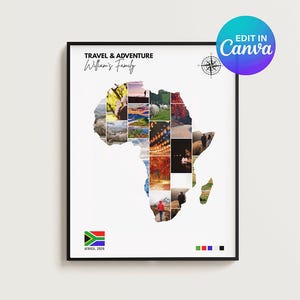 Może przedstawiać: Oprawiony wydruk przedstawiający mapę Afryki złożoną z różnych zdjęć krajobrazów. U góry widnieją słowa "TRAVEL & ADVENTURE" i "William's Family". Flaga RPA i tekst "AFRICA, 2024" znajdują się na dole.