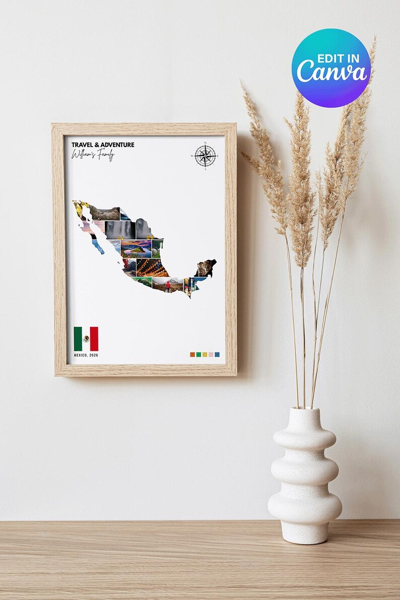 Mexican Map Editable Personalized Mexico Map Photo Collage Canva Template, Editable Travel ...