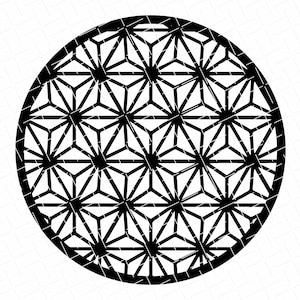 May include: Black and white geometric design with a circular shape. The design is made up of repeating triangles and squares.