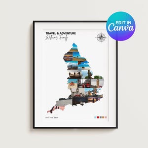 Personalized England Map Photo Collage Canva Template, Editable Travel Keepsake, DIY UK Vacation Memory Map, Drag and Drop Frame