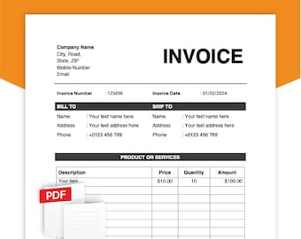 May include: A black and white invoice template with the word "INVOICE" in bold at the top. The template includes fields for company name, invoice number, invoice date, bill to, ship to, description, price, quantity, amount, sub total, and taxes.