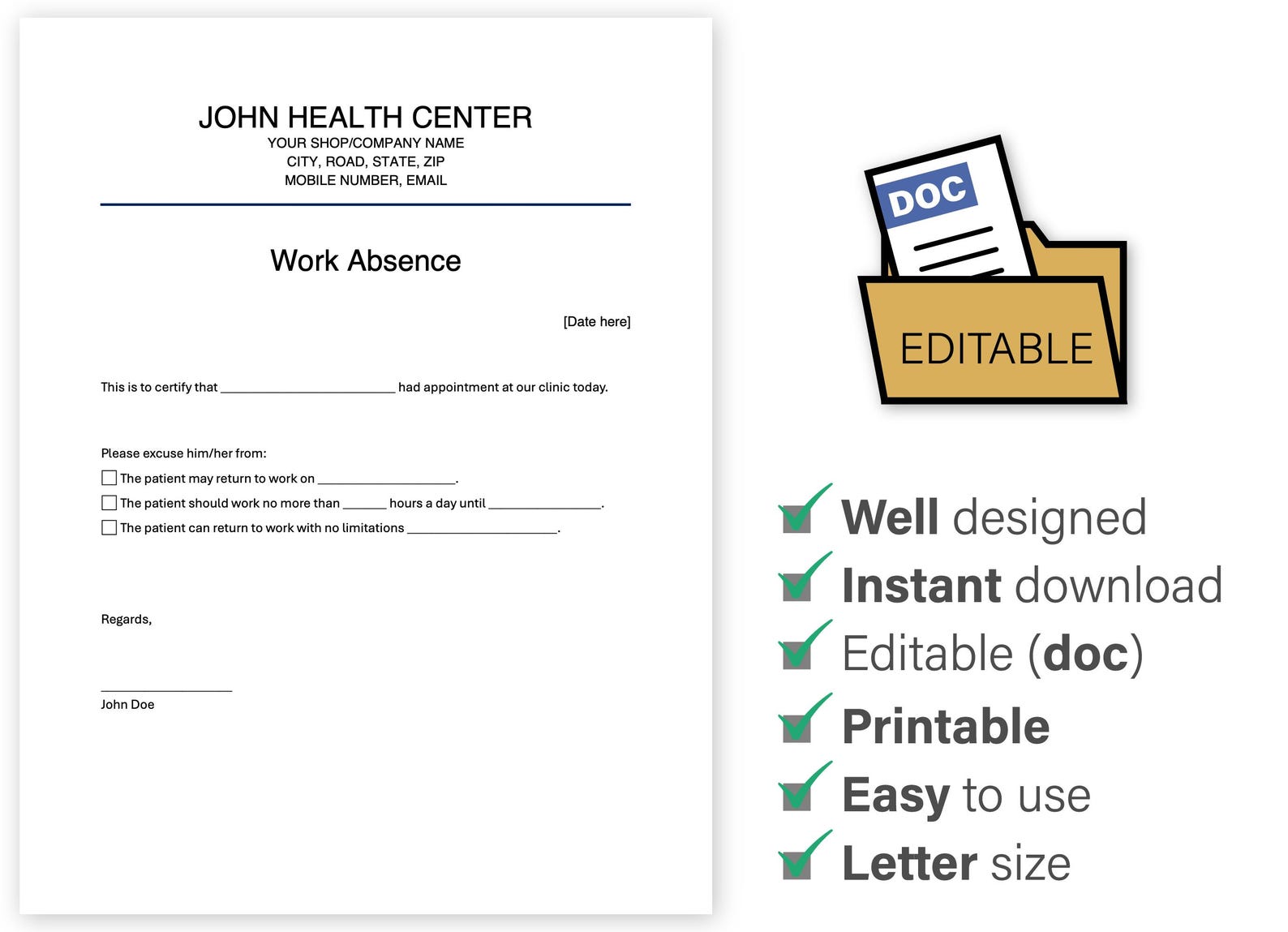 Work Absence Editable, Fillable Doctor Excuse Note, Fillable Doctor ...