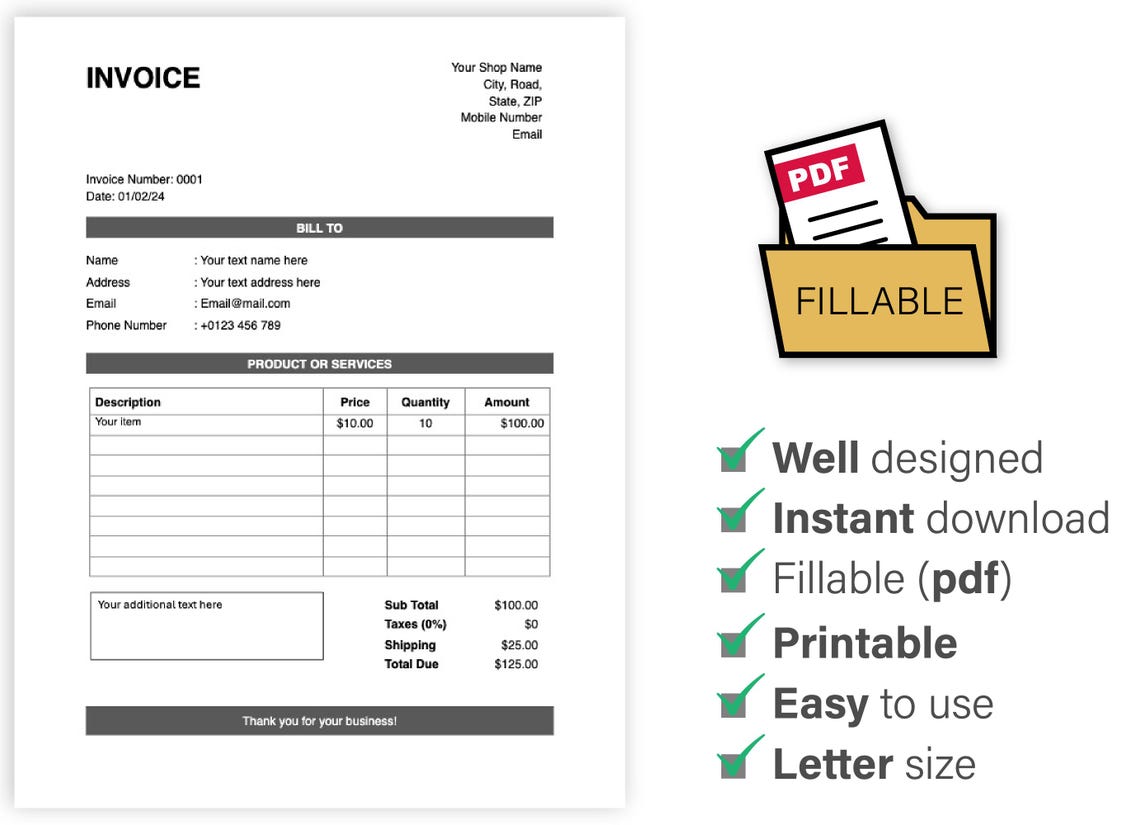 Editable Invoice Template in DOC and PDF, Microsoft Word Invoice, Blank ...