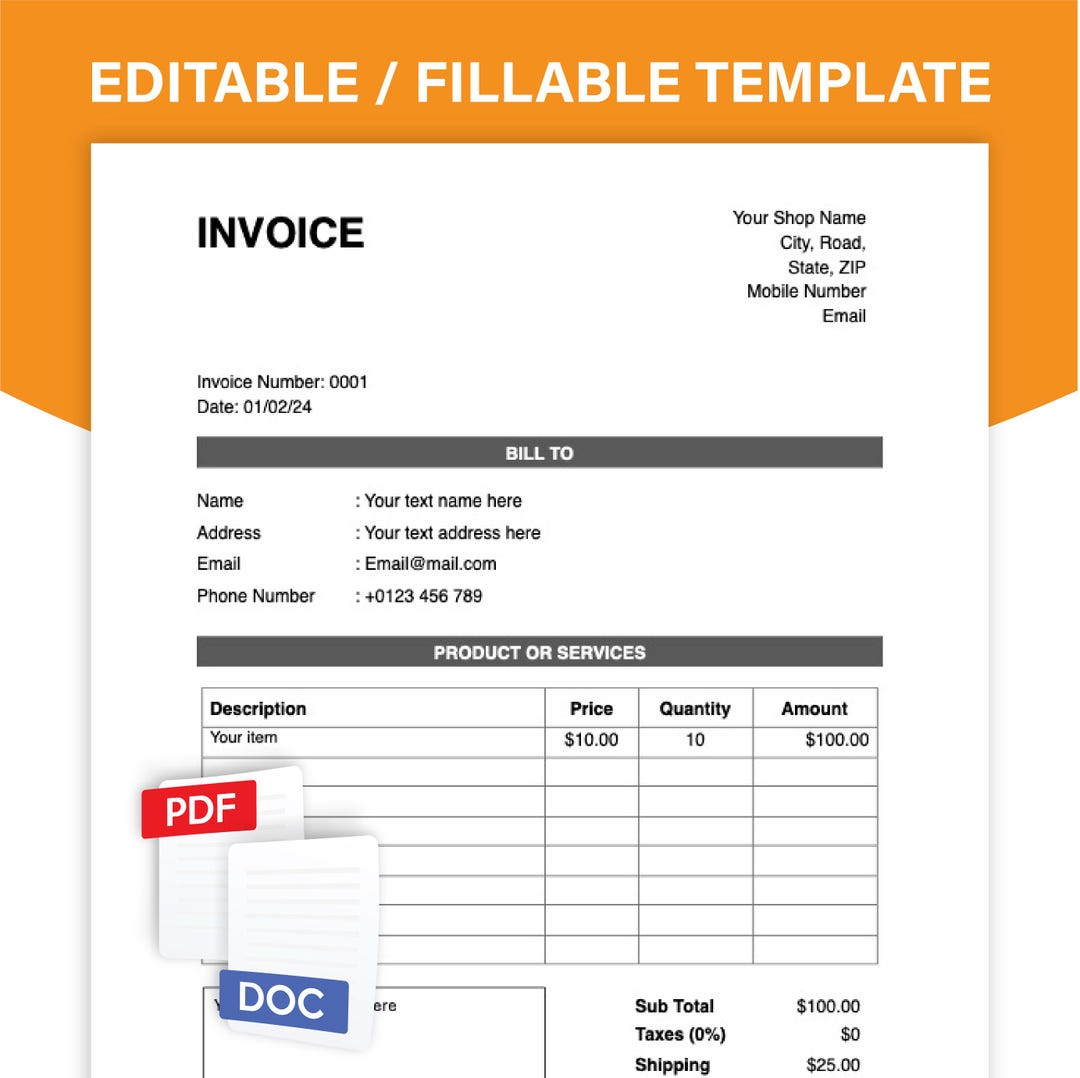Editable Invoice Template in DOC and PDF, Microsoft Word Invoice, Blank ...