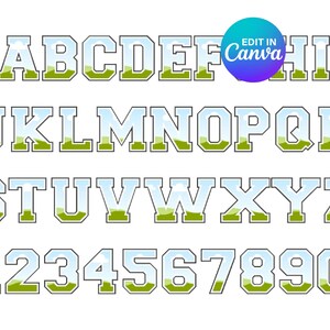 May include: A complete alphabet and number set in a collegiate style. Each letter and number is white with a light blue and green landscape design inside. The image also includes the text "EDIT IN Canva".