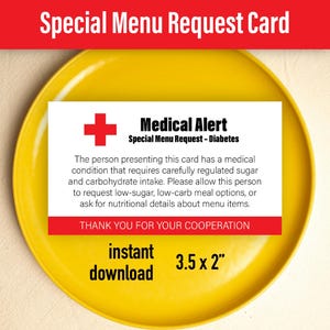 Afdrukbare speciale menukaart, speciaal ontworpen voor diabetes dieetwensen, afdrukbare medische waarschuwing, direct downloaden