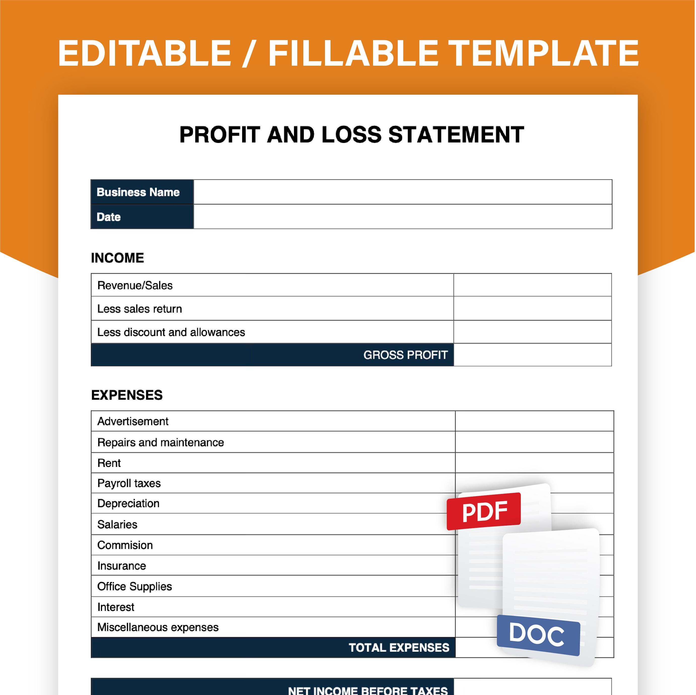 Profit and Loss Statement Template Editable, Expense Report Fillable ...