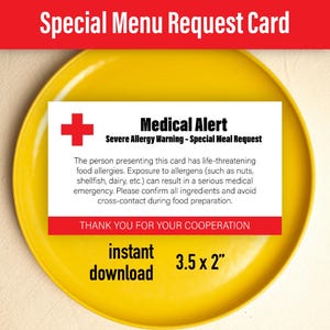 Wydrukowalna karta ostrzegawcza o poważnych alergiach, specjalne zamówienie na menu, niezbędne dla bezpieczeństwa alergików, wydrukowany alert medyczny, natychmiastowe pobranie