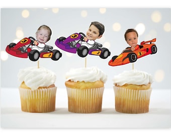 Custom Race Car Photo Cupcake Toppers, Custom Cupcake Toppers, Personalized Red Vintage Car Cupcake Toppers, Racing Birthday Party Decor,