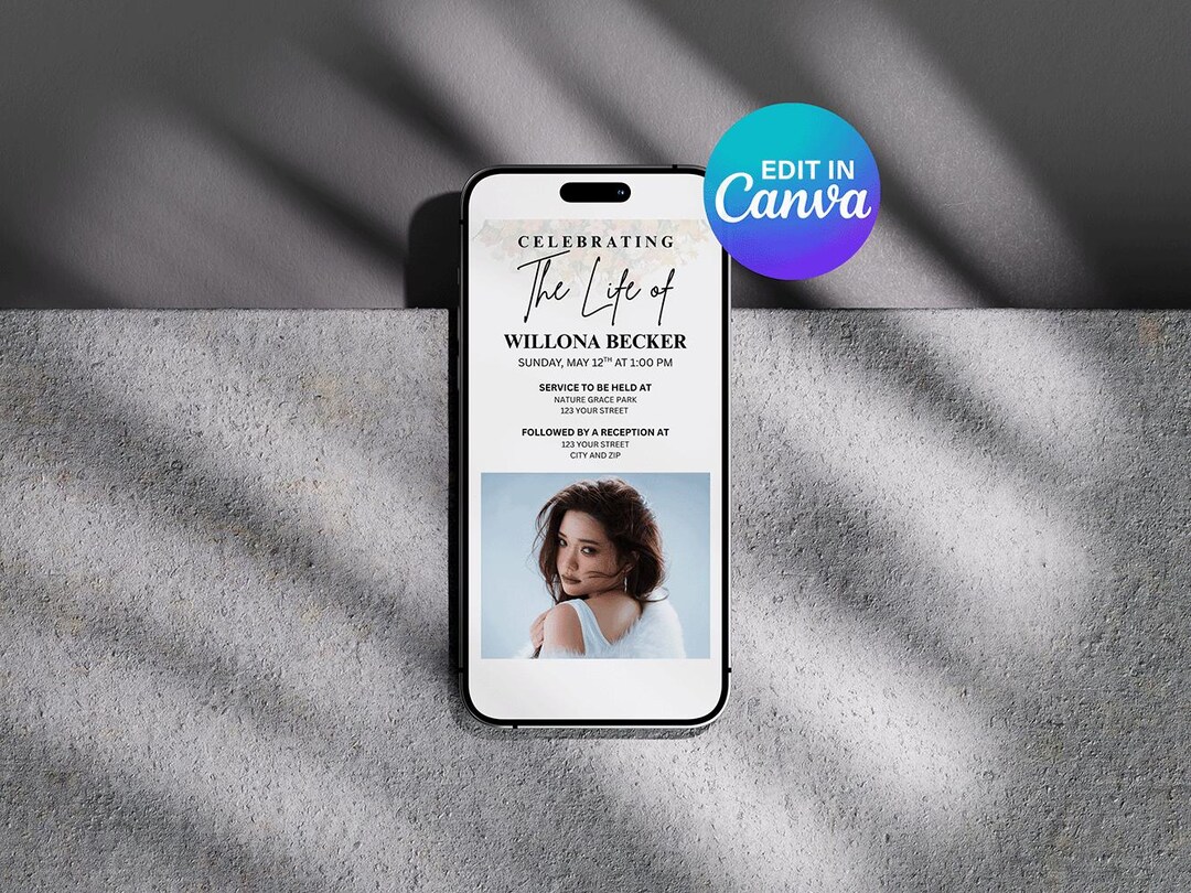 Editable Funeral Evite Canva Template, Digital Celebration of Life ...