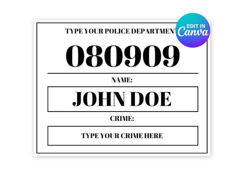 Mugshot Sign Board Editable, Mug shot, Police Party, Canva Template, Canva Digital Template, A4 & US Letter Size, Instant Access