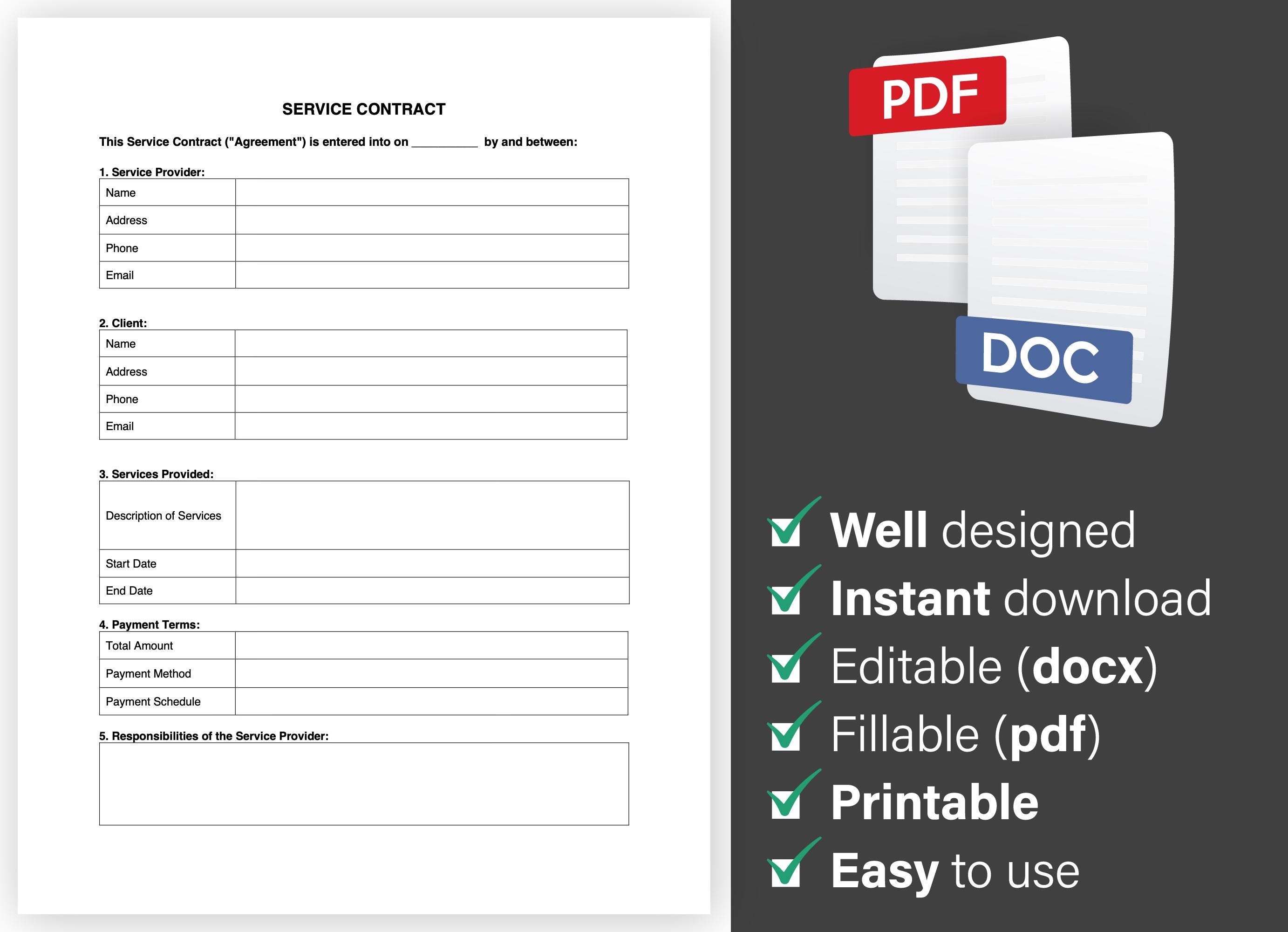 Service Contract Template, Service Contract Editable, Fillable Service ...