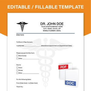 Nota de excusa médica rellenable, nota médica rellenable (pdf-doc), nota para el trabajo, nota de excusa escolar, carta de excusa médica, nota de excusa, editable