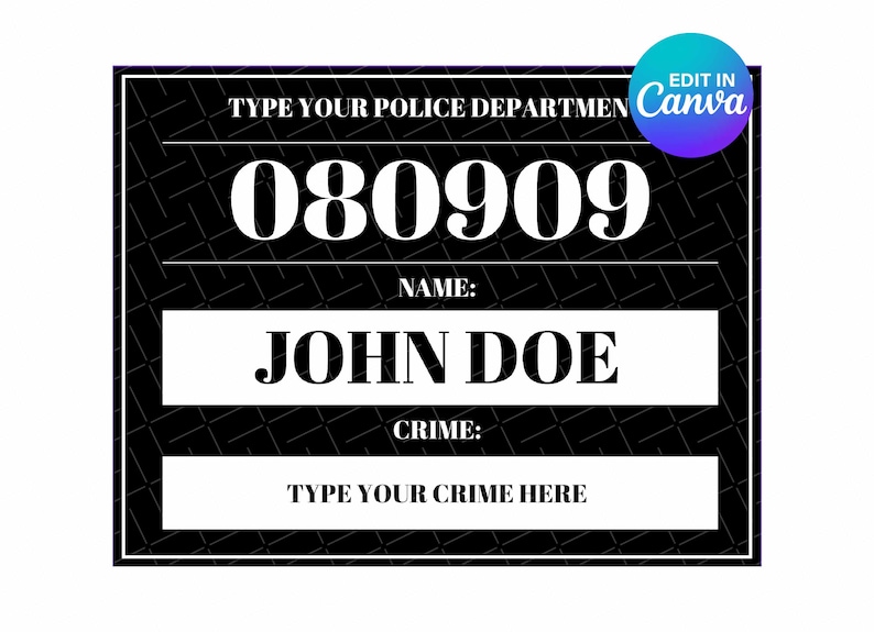 Mugshot Sign Board Editable, Mug shot, Police Party, Canva Template, Canva Digital Template, A4 & US Letter Size, Instant Access