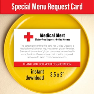 Wydrukowana specjalna karta zamówienia menu na opcje bezglutenowe, świadomość celiakii, wydrukowany alert medyczny, natychmiastowe pobranie