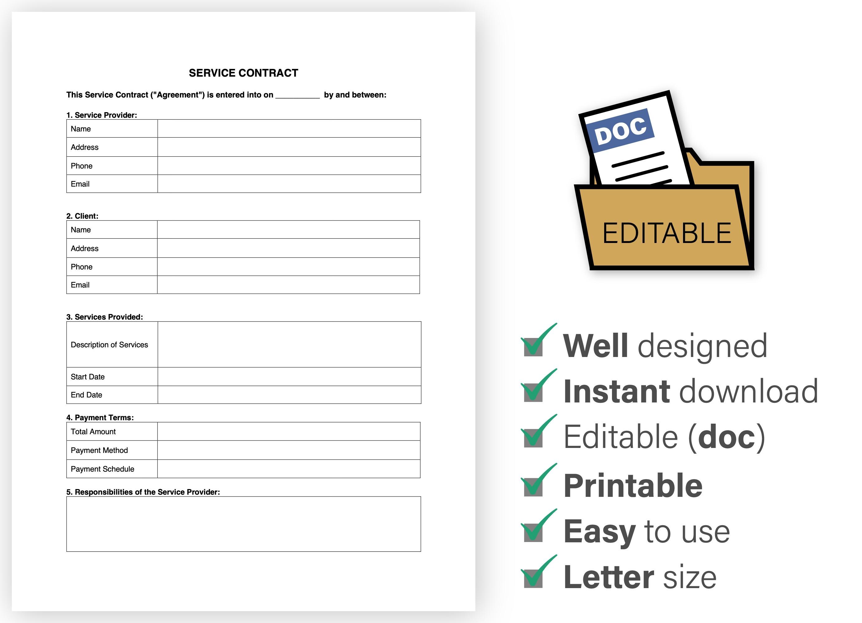 Service Contract Template, Service Contract Editable, Fillable Service ...