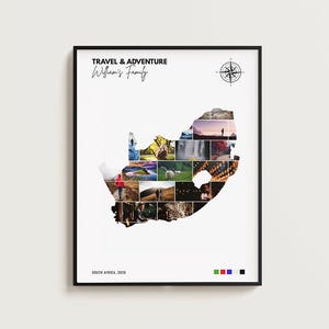 Könnte beinhalten: Schwarz gerahmter Druck mit einer Karte von Südafrika, gefüllt mit Reisefotos. Die Worte "TRAVEL & ADVENTURE" und "William's Family" stehen oben, zusammen mit einer Kompassgrafik. Unten steht "SOUTH AFRICA, 2024".
