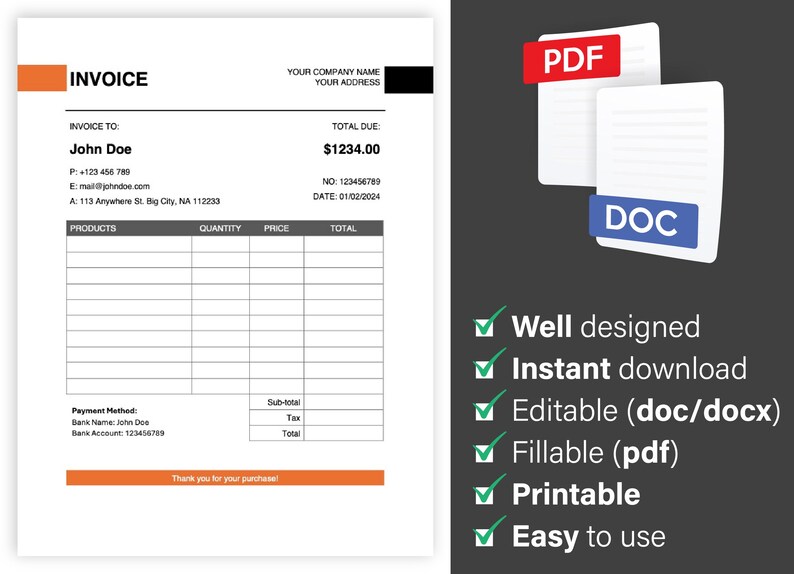 Editable Invoice Template in DOC and PDF, Microsoft Word Invoice, Blank ...