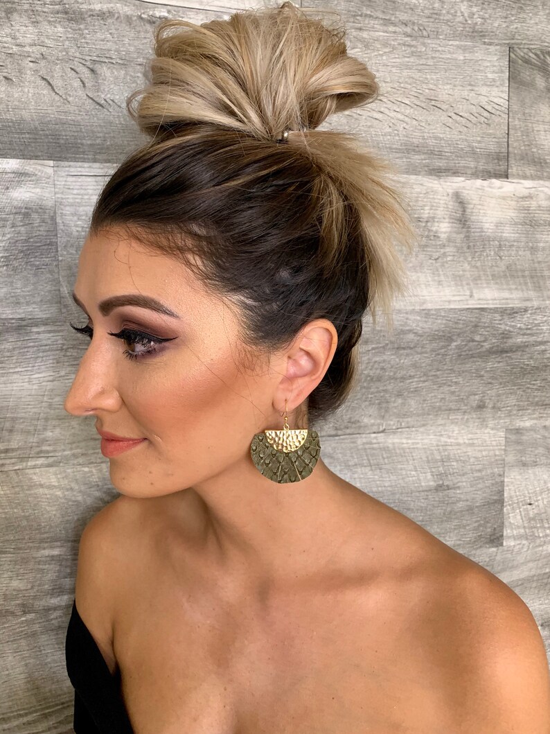 Feather Earrings Fall Jewelry Olive Boho Fan Earrings Faux Leather Earring Glitter Earrings Trendy Jewelry Fringe Earrings