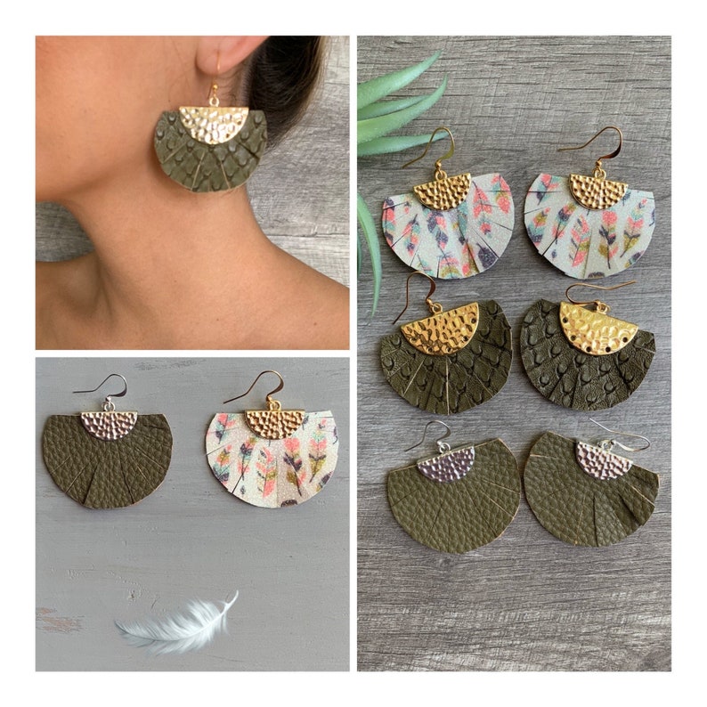 Feather Earrings Fall Jewelry Olive Boho Fan Earrings Faux Leather Earring Glitter Earrings Trendy Jewelry Fringe Earrings