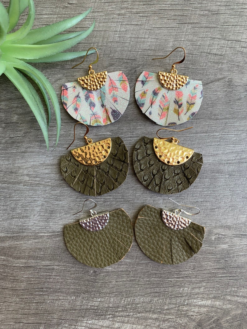 Feather Earrings Fall Jewelry Olive Boho Fan Earrings Faux Leather Earring Glitter Earrings Trendy Jewelry Fringe Earrings