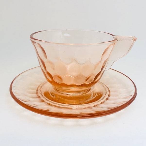 1928-32 Hex Optic “Honeycomb” Jeannette Pink Glass Tea Cup and Saucer