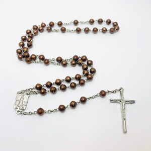 Vintage Plastic Brown Bead Silver Toned Rosary