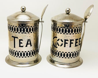 Vintage Silver Plated Tea and Coffee Canisters with Plastic Cobalt Inserts