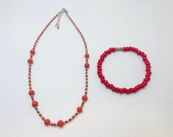 Red Beaded Necklace and Bracelet