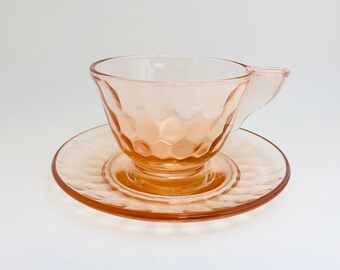 1928-32 Hex Optic “Honeycomb” Jeannette Pink Glass Tea Cup and Saucer