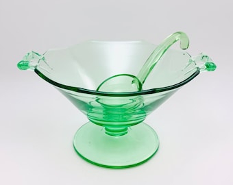 Vintage Heisey Green Glass Mayonnaise or Whipped Cream Bowl with Ladle