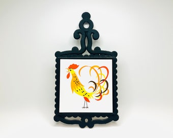 Vintage Cast Iron and Ceramic Folk Art Rooster Tile Trivet