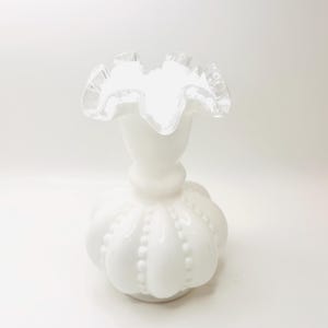 Vintage Fenton Milk Glass Silver Crest Melon Beaded Ruffled Vase