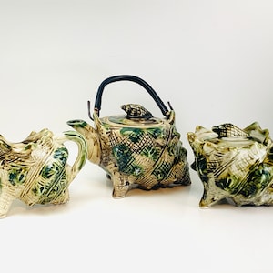 Vintage Ceramic Shell Teapot, Cream and Sugar Set