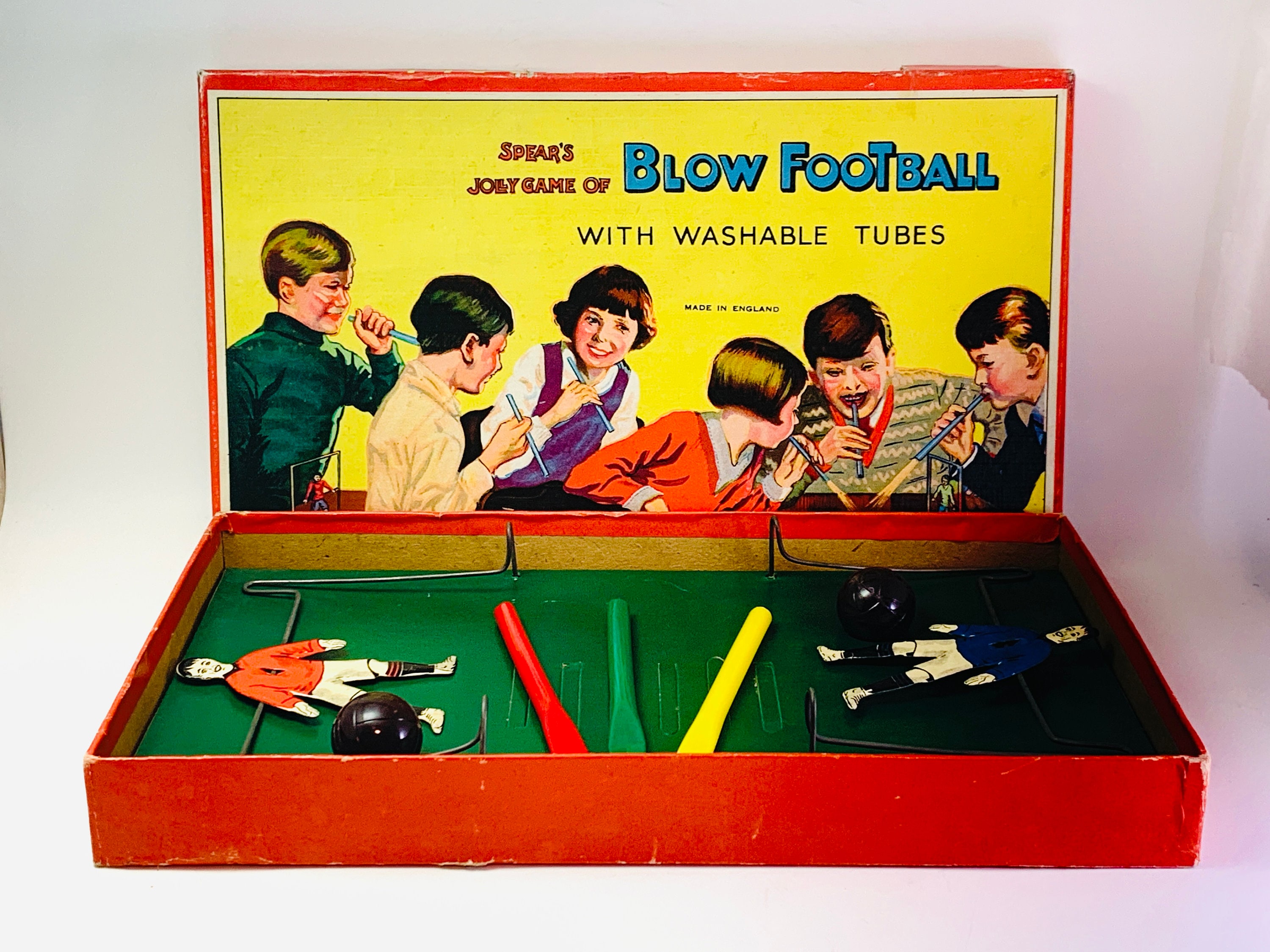 Vintage English Blow Football Game with Tin Litho Goalies England Glevum  Games