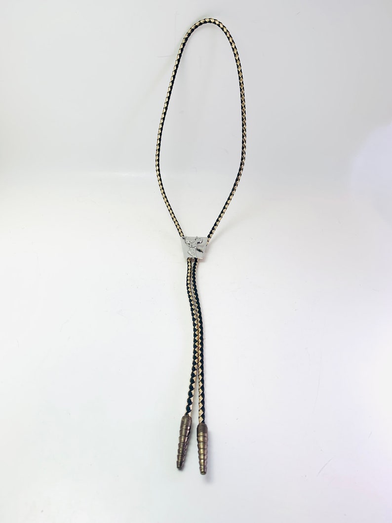 May include: A black and tan braided bolo tie with silver tips and a silver clasp.