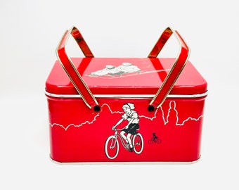 Vintage 1935 DECOWARE Red Metal Sports Lunch Box