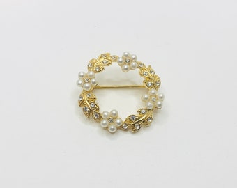 Vintage Faux Pearl Rhinestone Wreath Brooch