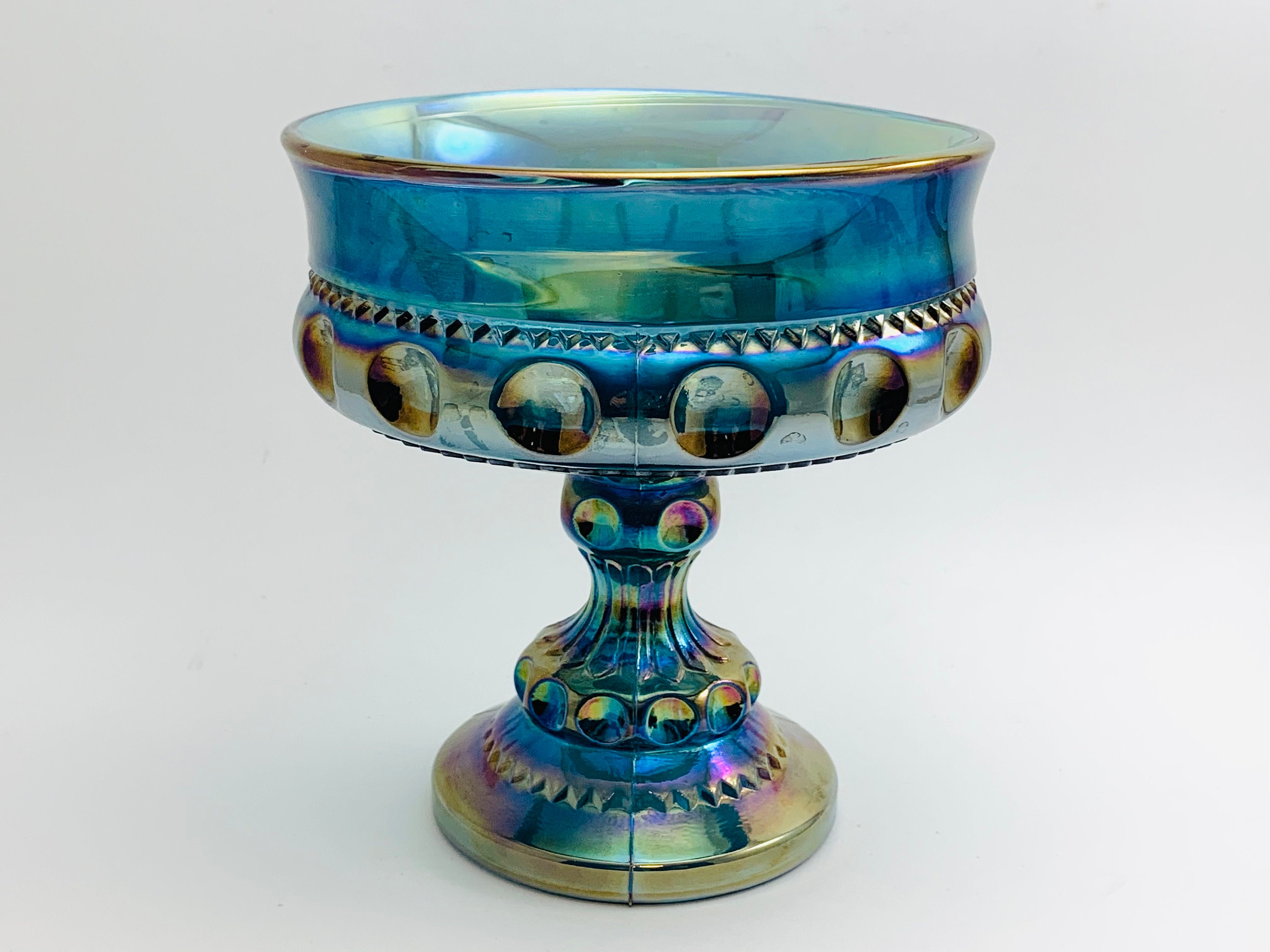 Vintage Indiana Blue Carnival Glass Kings Crown Pedestal Candy Etsy