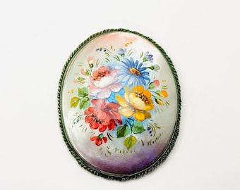 Vintage Abalone Floral Painted Brooch Pin