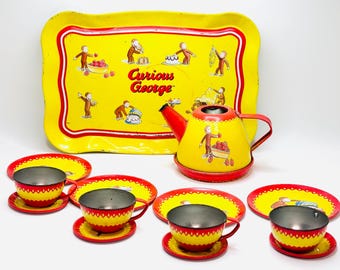 Vintage Curious George Tin Toy Tea Set 14pc