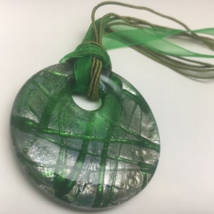 Vintage Green Art glass Pendant on Ribbon Necklace.
