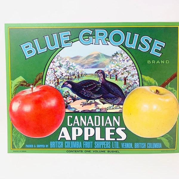 Vintage Canadian Apple Crate Label Blue Grouse Brand