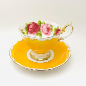 Vintage Royal Albert Yellow and Cabbage Rose Teacup and Saucer