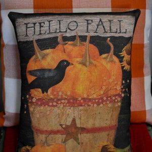 Farm Farmhouse Hello Fall crow primitive star bucket sign pillow pumpkin patch autumn rustic harvest porch rocker pillow