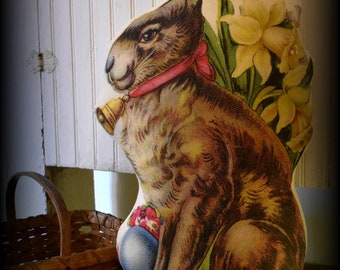 beautiful HUGE floor standing bunny rabbit hare Easter lilies eggs  antique image