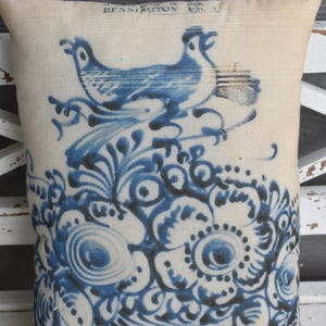 Primitive antique pottery crock stamp pillow two birds in flower basket