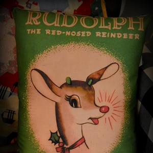 Antique old world Rudolph the red nosed reindeer green Christmas snowing retro vintage decorative throw pillow